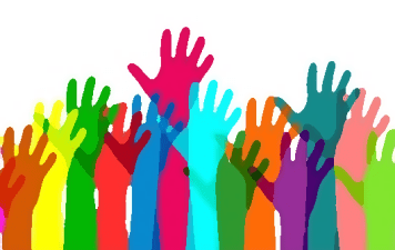 Colorful hands raised